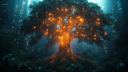 Enchanted glowing tree with surreal orange light amid dark skyscrapers in urban forest landscape, night scene, on a transparent background, PNG image, PNG file.