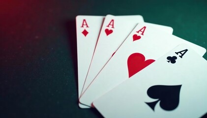 Fototapeta premium Four aces fanned out, showcasing the card suits , four aces, background