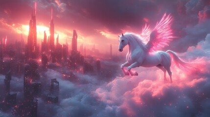 Pegasus soars above the futuristic cityscape bathed in a crimson pink glow, evoking a dreamlike fantasy, on a transparent background, PNG image, PNG file.