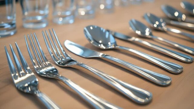 A table set with various silverware items, placed on top of a wooden surface