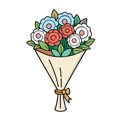 HandDrawn Bouquet White, Blue, Red Flowers, Leaves, Brown Wrap, Yellow Bow