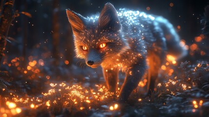 Luminous fox with glowing fur walking in a field of glowing flowers, its eyes burning brightly, wild setting on a transparent background, PNG image, PNG file.