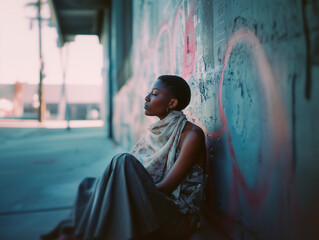Naklejka premium stylish artist sitting against city wall covered in graffiti portrait