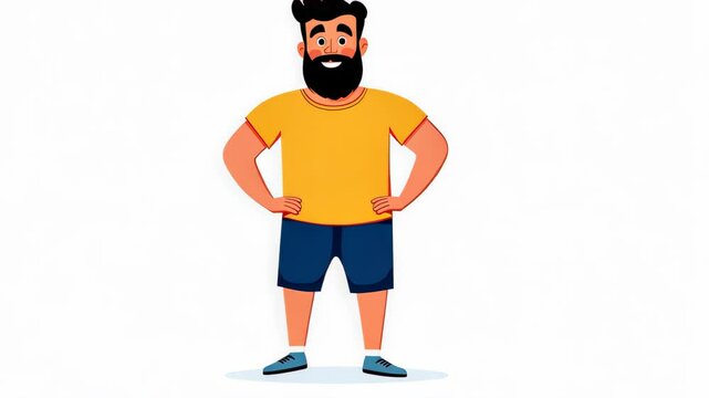 Cheerful cartoon man with a beard stands confidently, showcasing a summer outfit in a vibrant, flat vector style.