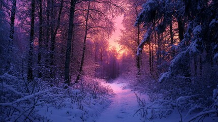 A winter wonderland path through a magical forest.