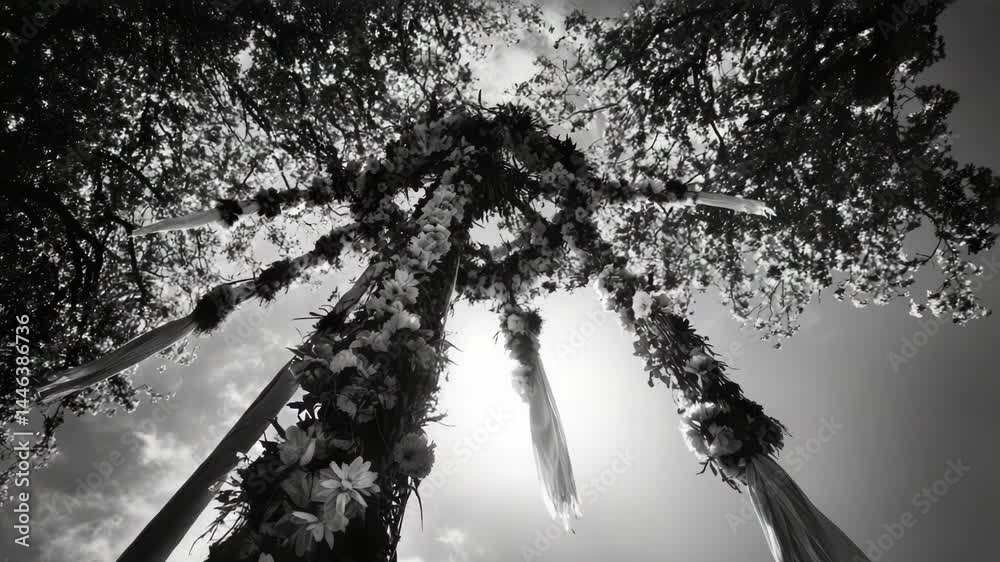 Aufkleber a tall tree stands alone against a gray sky, its branches stretching towards the top