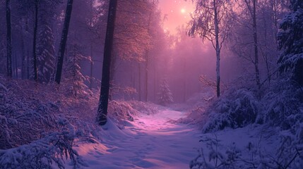 A winter wonderland path through the frosted forest.