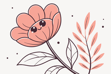 Cute Flower Bloom Character Illustration, Kawaii Floral Design with Face & Foliage