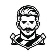Stylized Male Portrait – Hipster Beard, Mustache, and Crossed Axes in Vintage Barbershop Style