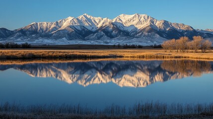 Peaceful mountain range reflected in a serene lake.