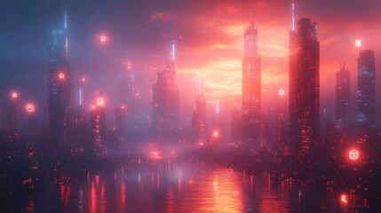 Metropolitan skyline with sleek skyscrapers under red and pink skies, illuminated with geometric shapes, reflected in the waters. on a transparent background, PNG image, PNG file.