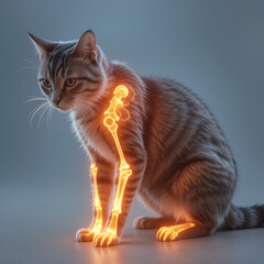 Feline Osteoarthritis: The Limping and Reduced Activity - Visualize a cat with highlighted joints showing degeneration, experiencing limping and reduced activity, illustrating the symptoms of feline o