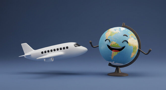 Travel Companion: Cheerful Globe Greets Airplane on Global Adventure