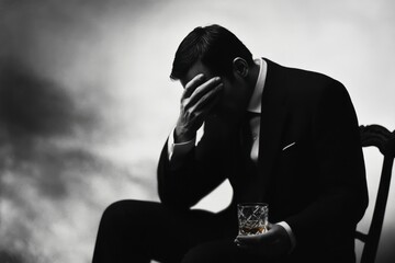 A man in a suit sitting on a chair with his hand covering his face and holding a glass of whiskey He appears to be depressed Generative AI