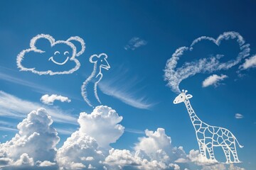 Clouds in the shape of animals in a blue sky, a giraffe