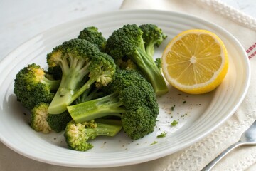 A plate of broccoli and a lemon sits on a table