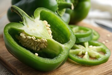A green pepper is cut in half and placed on a wooden cutting board