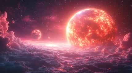 Alien world featuring glowing planets, nebula, clouds, and starry sky, otherworldly horizon, vibrant color palette, celestial panorama on a transparent background, PNG image, PNG file.