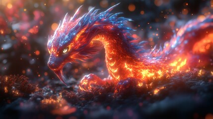 Enchanting mythical serpent with fire and ice scales, magical reptile coils, and fantastic beast rests, vibrant. It is on a transparent background, PNG image, PNG file.