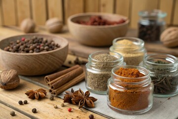 A table with a variety of spices and a bowl of peppers