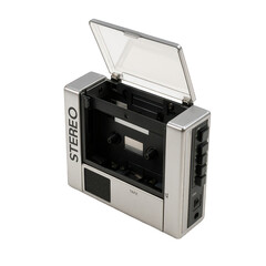 Obraz premium A vintage silver portable stereo cassette player with its clear protective lid lifted open.