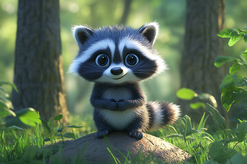 Fototapeta premium Cute cartoon raccoon sitting on a rock in a vibrant forest with soft sunlight filtering through trees