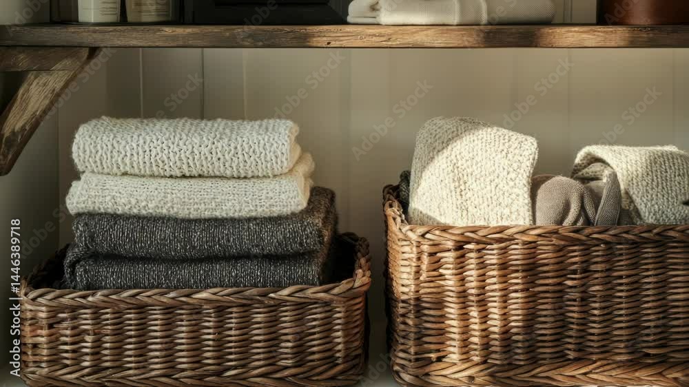 Poster a shelf filled with baskets containing soft and absorbent towels, perfect for bathroom storage