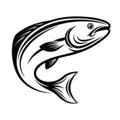 Silhouette of Trout Fish Jumping Upward in Black and White Isolated on White Background