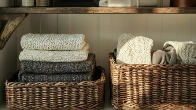 A shelf filled with baskets containing soft and absorbent towels, perfect for bathroom storage