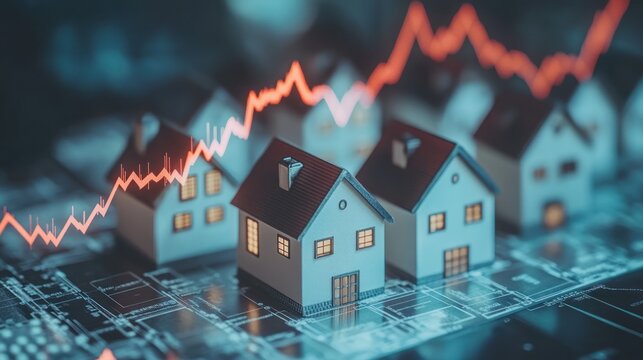 Falling house prices, market downturn, blueprint background
