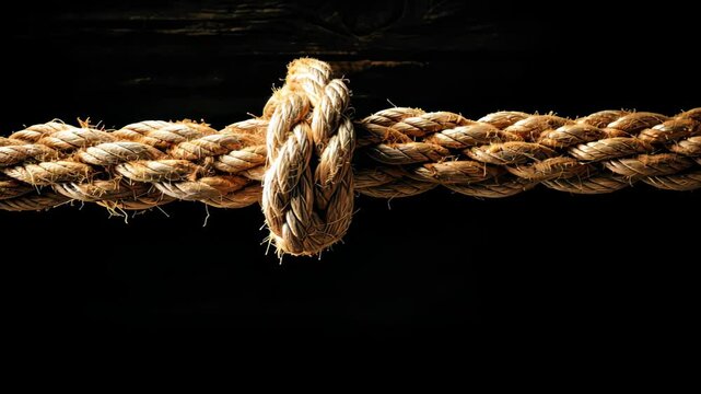 Tense moment captured: frayed rope teeters on the edge of breaking, epitomizing vulnerability. Ai Generated.