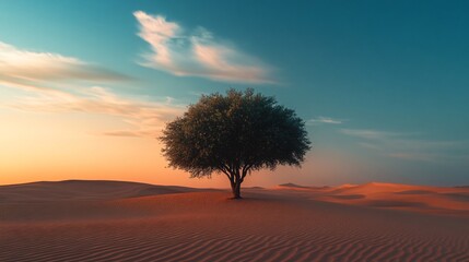 Solitary tree in a vast, desert landscape at sunrise.