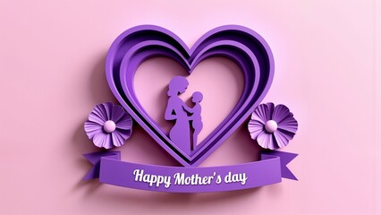 A purple paper cut out of a heart with a silhouette of a mother and child.