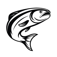 Leaping Salmon Design, Black and White Outline, Retro Style Fish Artwork, Isolated
