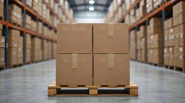 Two sturdy cardboard boxes stacked neatly on a wooden pallet in a warehouse; rows of similar boxes blur in the background, creating a sense of organized inventory and efficient logistics.