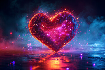 The abstract cosmic vibrant heart 8 bit render with a pixel heart frame and heart shape, featuring empty space and illuminated by ultraviolet light, brings an 80s retro style to the fashion show stage