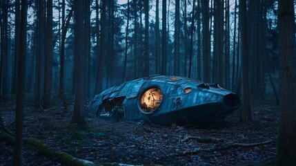 Mysterious wreckage nestled deep within a dark forest.