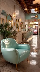 Trendy salon interior with mint green chairs and gold accents