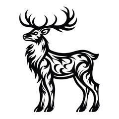 Deer Silhouette with Intricate Tribal Design, Antlers and Decorative Details Isolated