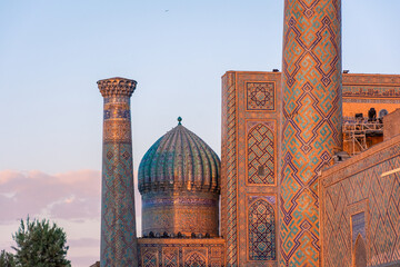 Sunset over the madrasah of Registan Square, Samarkand, Uzbekistan