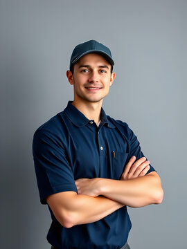 Confident male tech worker stands confidently against plain gray backdrop. Wears navy blue polo shirt, cap. Arms crossed. Pro, reliable image for service industry. Ideal for service company marketing