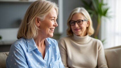 two older women sitting on a couch looking at each other