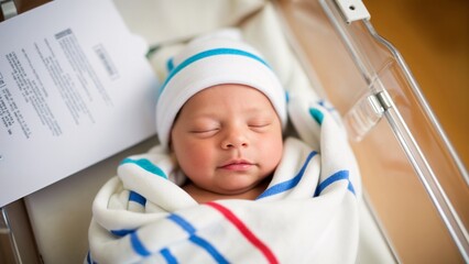 Naklejka premium A baby wrapped in a white blanket and a blue and red striped hat.