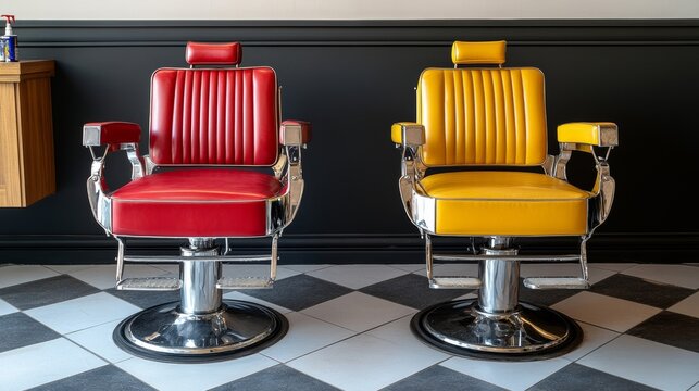 A vintage barbershop featuring two classic barber chairs in red and yellow hues