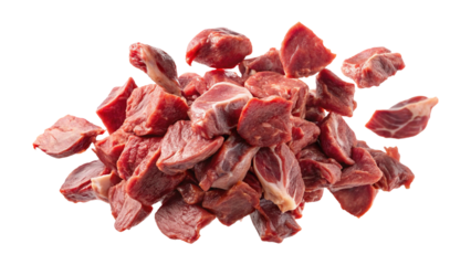 Freshly diced raw beef cubes stacked on each other on a transparent background