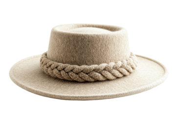 Elegant beige felt hat with braided rope detail stylish wide brim simple design clean white