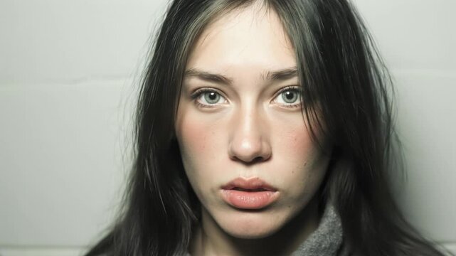 detained young woman having her mugshot taken 