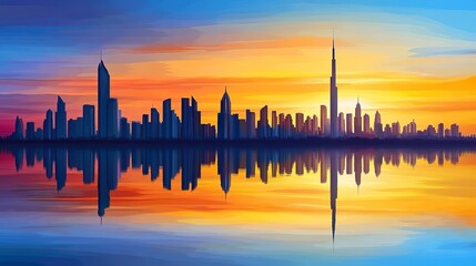 Obraz premium At sunset, the silhouette of a city skyline is mirrored in calm water