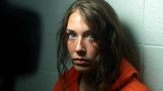 detained young woman having her mugshot taken 