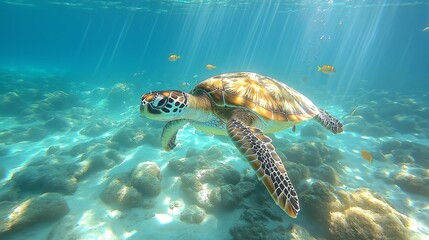 Fototapeta premium A sea turtle swimming gracefully underwater with sunlight filtering through the clear turquoise water